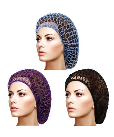 Giugu 3 Pieces Mesh Hair Net Rayon Crochet Hair Nets Knit Snood Hat Crocheted Sleep Cap (Black  Sky Blue  Purple)