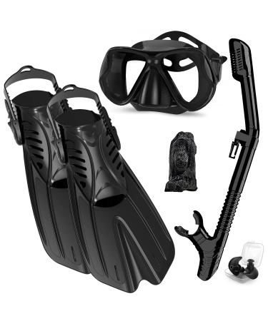 Snorkel Set for Adults, 4 in 1 Snorkeling Gear with Adjustable Dive Flippers, Anti-Fog Mask, Dry Top Snorkel and Swim Earplugs, Professional Snorkeling Set for Snorkeling Swimming Scuba Diving Black Large-X-Large