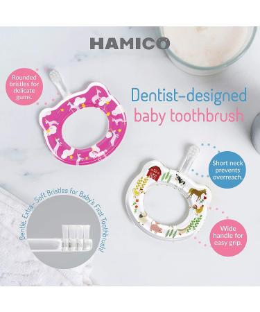 HAMICO Baby Toothbrush - Extra Soft Bristles for Babys First Toothbrush | Easy Grasp Infant Toothbrush | BPA Free | 2-Pack Unicorns & Farm Animals - Buy Online on GoSupps.com