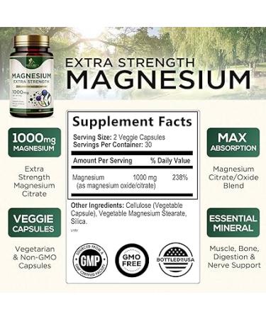 Magnesium Extra Strength 1000mg Chelated for Max Absorption Magnesium Capsules for Bone Muscle and Heart Health Support Nature's Magnesium Citrate Oxide Supplement Vegan Non GMO - 60 Capsules - Buy Online on GoSupps.com