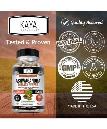 Kaya Naturals Ashwagandha Root with Black Pepper | Maximum Strength 1300mg Adaptogen Supplement Support Adrenal Glandular Health Mood Relief Focus Energy & Vitality for Men & Women 30 Count (Pack of 1) - Buy Online on GoSupps.com