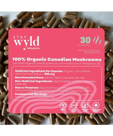 Stay Wyld Organics - Lion s Mane Mushroom Supplement Canadian Grown Lions Mane Mushroom Capsules Supplements for Focus & Clarity Natural Memory Support Organic Mushrooms 90 Capsules Pouch - Buy Online on GoSupps.com