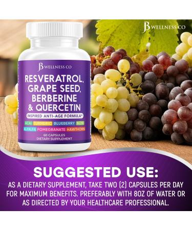JB Wellness Resveratrol Grape Seed Extract Berberine Quercetin - Polyphenol Supplement for Women and Men with Noni Extract N-Acetyl Cysteine Acai Extract - 60 Capsules 60 Count (Pack of 1) - Buy Online on GoSupps.com