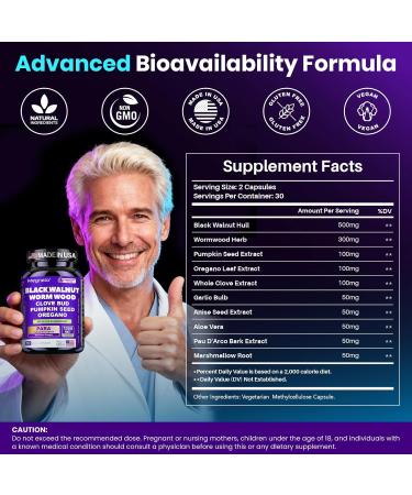 Wormwood Black Walnut Clove Cleanse for Humans, Intestinal Cleanse & Gut Detox with Pumpkin Seed & Oregano, Vegan Digestive Support for Adults, 60 Capsules, Unflavoured Unflavoured 60 Count (Pack of 1) - Buy Online on GoSupps.com