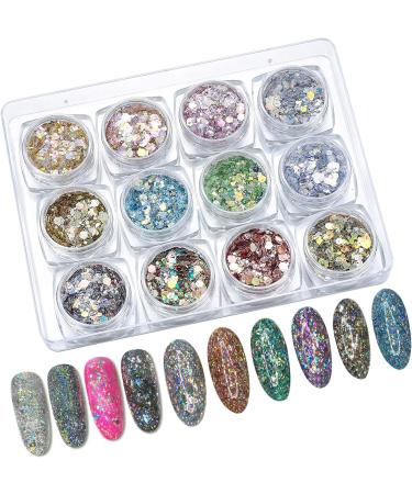 12 Colors Holographic Nail Glitter & Makeup Sequins - Glitter Powder for Face Hair & Body Decoration | Festival Essentials with Brush - Buy Online on GoSupps.com