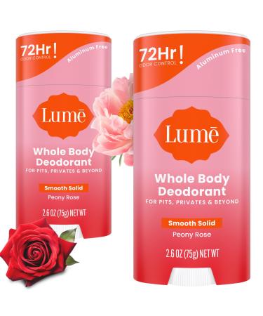 Lume Whole Body Deodorant - Smooth Solid Stick - 72 Hour Odor Control - Aluminum Free Baking Soda Free and Skin Safe - 2.6 Ounce (Pack of 2) (Peony Rose) Peony Rose 2.6 Ounce (Pack of 2)