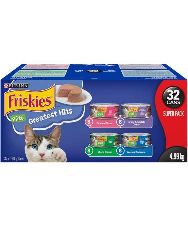 Friskies Saucy Seafood Wet Cat Food Variety Pack 3 Flavours - 156 g Can (24 Pack) & Greatest Hits Wet Cat Food Pate Variety Pack 4 Flavours - 156 g Can (32 Pack) Pet Food+ Cat Food Super Pack - Buy Online on GoSupps.com