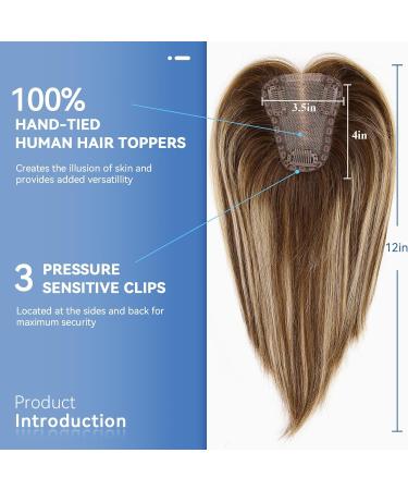 EMMOR Hair Topper For Women 100% Remy Human Hair For Women With Thinning Hair Loss Cover Gray Hair Three Clips on Topper 3.5in 4in Hand-Tied 12 inch Mixed Brown - Buy Online on GoSupps.com