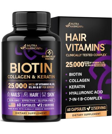 Biotin | Collagen | Keratin | Hyaluronic Acid - Hair Growth Support Supplement | Skin & Nails Beauty Complex 25000 mcg - B1 | B2 | B3 | B6 | B7 - Made in USA - For Women & Men | 60 Capsules - Buy Online on GoSupps.com