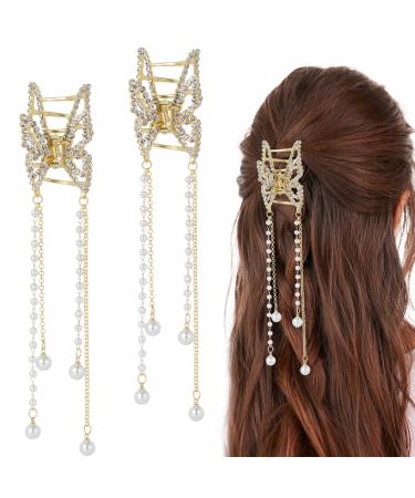 CHANZET Gold Butterfly Hair Claw Clips with Pearl Tassel Chain 2pcs  Metal Butterfly Hair Clips Clamps Rhinestone Decoration Hair Accessories for Women Girls Thick Thin Hair