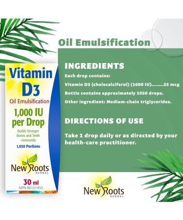 New Roots Herbal - Vitamin D3 Drop - 30ml - Vitamin D3 1000IU Cholecalciferol - Vitamin D3 Supplement - Healthy Bones Healthy Teeth and Immunity Support - Vit D3 1000 IU - Buy Online on GoSupps.com