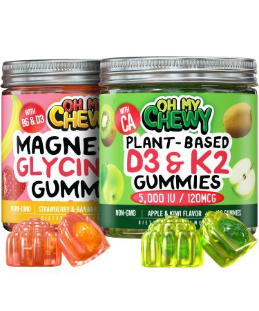 OH MY CHEWY Magnesium + D3K2 Gummies Bundle 2 Bottles (60 Each) Strawberry Banana & Apple Kiwi