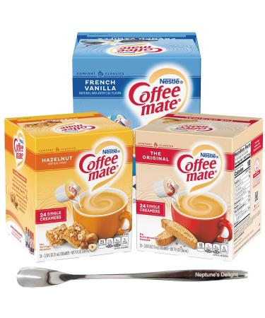 72 Coffee mate Creamer Liquid Singles, French Vanilla, Hazelnut, Original Variety Pack with Neptune's Delight Stainless Steel Stirrer
