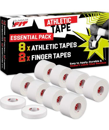 Summum Fit White Athletic Tape Extremely Strong: 8 Rolls + 2 Finger Tape. Easy to Apply & No Sticky Residue. Sports Tape for Boxing  Football  BJJ  Climbing. Enhance Wrist  Ankle & Hand Protection Now 8+2 Set