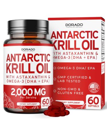 Antarctic Krill Oil Supplement (2000mg Per Serving 60 Softgels) Krill Oil Omega 3 Supplements with EPA DHA & Astaxanthin - Premium Phospholipid for Adults - Third Party Tested Non-GMO & USA Made