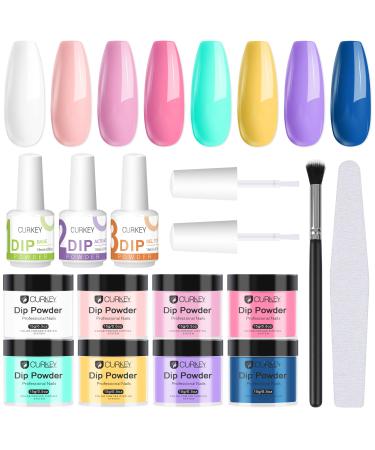CURKEY Nail Dip Powder Kit - 8 Colors Vibrant Dipping Powder Nail Kit with Base Top Coat Activator - Dip Powder Nail Kit Starter for DIY French Nail Art Home Salon
