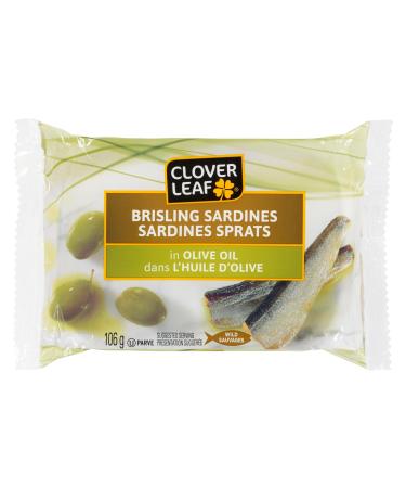Clover Leaf Brisling Sardines in Olive Oil - 106g 12 Count - Canned Sardines - Canned Fish - Excellent Source Of Protein - 16g Of Protein Per 80g Serving Drained - Source Of Omega-3 - Source Of Iron - Source Of Vitamin D - Source Of Calcium