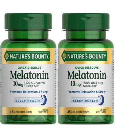 Nature's Bounty Melatonin 100% Drug Free Sleep Aid Dietary Supplement Promotes Relaxation and Sleep Health 10mg 45 Quick Dissolve Tablets (Pack of 2)