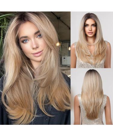 HAIRCUBE Long Blonde Wigs for Women Synthetic Layered Hair Lace Wig with Dark Roots - Buy Online on GoSupps.com