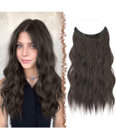 FESHFEN Invisible Wire Hair Extensions with Transparent Wire Adjustable Size with 2 Secure Clips Synthetic Hair Piece Long Wavy Secret Headband Hairpieces for Women 20 Inch Black Brown