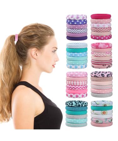 Hair Ties for Girls  48 Pcs Soft Thick Seamless Nylon Elastic Hair Ties No Damage Pony Tails Holders for Thin Fine Hair Cute Fabric Hair Ties for Women - 48 Colors with Prints (In the Mood for Love)