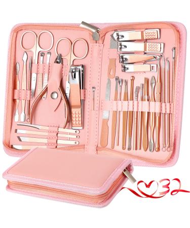 Manicure Set Pedicure Kit Nail Clippers Set 32 in 1 Professional Stainless Grooming Care Tools Nail Kit Including Facial Fingernails and Toenails Care with Luxurious Travel Gift Case for Women Man Rose Pink_32 in 1