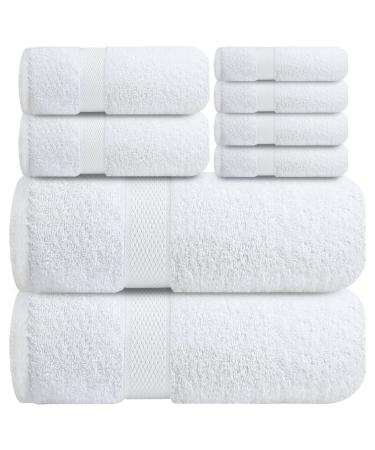 Infinitee Xclusives Premium White Bath Towel Set for Bathroom - Pack of 8 100% Cotton Bathroom Towel Set - 2 Bath Towels, 2 Hand Towels and 4 Washcloths Towel Set Brilliant White