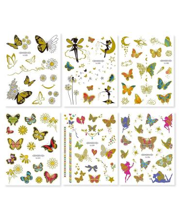 Firot Metallic Temporary Tattoos - Glitter Butterfly Watercolor Fairies Stars Stickers - 6 Sheets (Golden) - Body Art for Kids, Teens & Adults - Buy Online on GoSupps.com