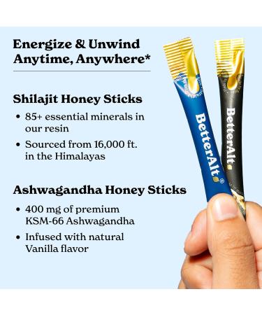 Better Alt Ashwagandha & Shilajit Honey Sticks 2 Pack| Pure Himalayan Shilajit Organic Multiflora Honey & Saffron|60 Sticks|Energy & Immune Support Supplement Natural + Ashwagandha Honeysticks (Pack of 2) - Buy Online on GoSupps.com