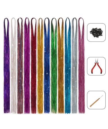 Hair Tinsel Kit Heat Resistant 44 inch Sparkling Shiny Tinsel Hair Extensions Kit 12 Colors Glitter Fairy Hair Tinsel Strands Synthetic Silk Tinsel for Women Girls Kids (3600 Strands)
