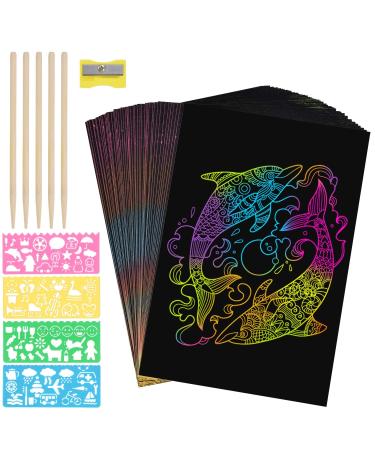 Scratch Art 50 Sheets + 5 Wooden Stylus + 4 Stencils + Pencil Sharpener Browill Arts and Crafts Supplies for Kids, DIY Projects, Black Paper Magic Rainbow Painting Boards 13 X 19 cm