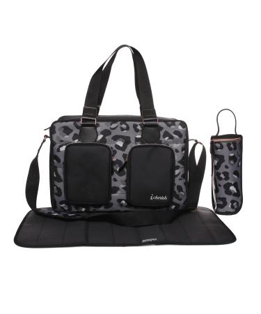 My Babiie Deluxe Changing Bag Padded Changing Mat Insulated Bottle Warmer Messenger Bag Travel Bag 2 Extra Pockets Adjustable Straps Carry Handles Black Leopard