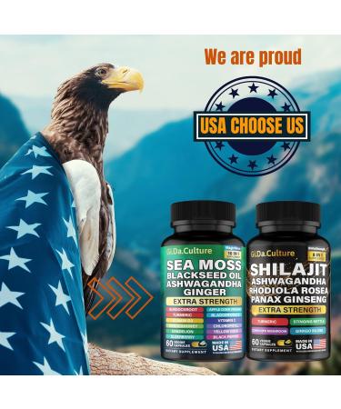 Shilajit and Sea Moss Combo - Sea Moss and Shilajit Bundle with Ashwagandha Black Seed Turmeric Bladderwrack Burdock Black Pepper with Vitamins and Antioxidants - 120 Veggie Capsules 60 Count (Pack of 2) - Buy Online on GoSupps.com