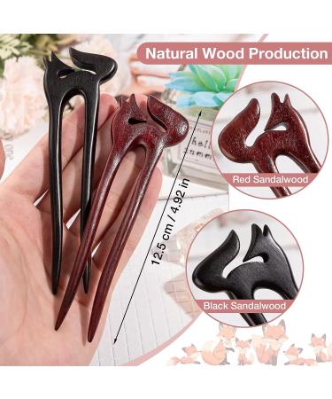 Noverlife 2PCS Natural Sandalwood Hair Sticks with Cute Fox Design - Handmade 2-Prong Wood Hair Pins for Thick & Thin Hair - Buy Online on GoSupps.com