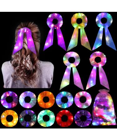 Hiwooii 15 Pack LED Light Up Hair Scrunchies Glowing Hair Bands LED Scarf Hair Ties Ponytail Holders Colorful Yarn Hair Tie 3 Light Modes with Bag for Women Girls Glow in the Dark Hair Accessories