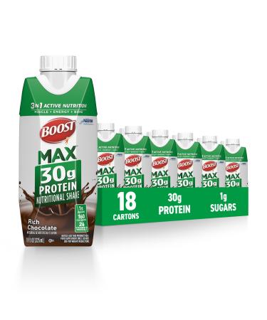 BOOST MAX Protein Shakes Ready to Drink - 30g High Protein Shake - Chocolate | Nutritional Drinks to Support Muscle Recovery After Exercise 26 Vitamins & Minerals 1g Sugar 11 fl oz (Pack of 18)