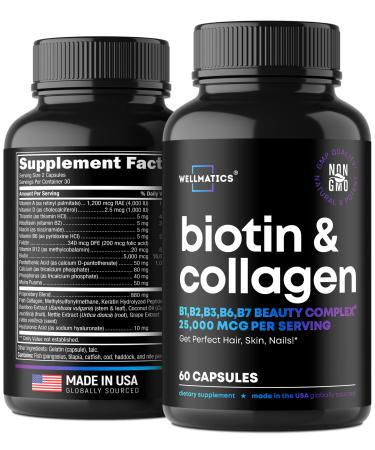 Biotin Capsules with Collagen and Keratin - 25000MCG Per Serving - Biotin Vitamins for Hair, Skin and Nails - Premium Biotin Supplement for Hair Growth for Women and Men - Metabolism Support - 60 Caps
