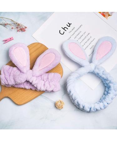 Whaline 4 Pack Easter Rabbit Ear Makeup Headband Set for Women - Coral Fleece Elastic Head Wrap for Party, Beauty Shower - Blue, White, Gray, Purple - Buy Online on GoSupps.com