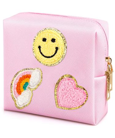 Preppy Patch Period Bag for Teen Aged Girls Sanitary Napkin Storage Bag Functional PU Leather Sanitary Pad Bags for Panty Liners Tampons Menstrual Cup Pouches Sanitary Pads Organizer with Zipper Pink
