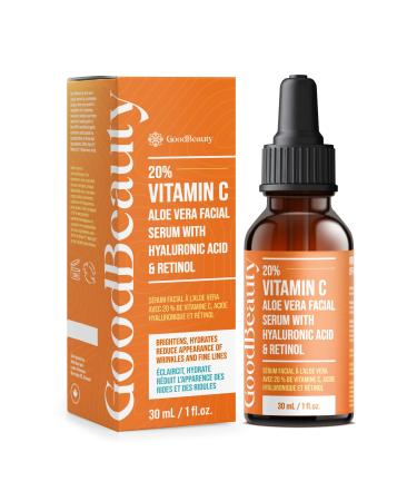 GoodBeauty 20% Vitamin C Face Serum Aloe Vera Facial Serum with Hyaluronic Acid Aloe Vera Vitamin C Serum For Face - Made in Canada - 30 mL