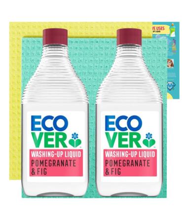 Eco Washing up Liquid Bundle With 2x Ecover Washing up Liquid Pomegranate & Fig 450ml 2x Biodegradeable Cellulose Sponge Cloths and 1x JenBurr Leaflet
