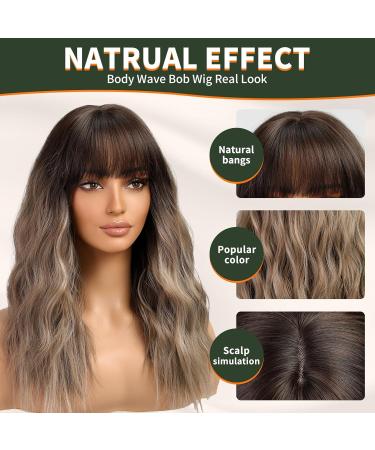 KOME Brown Wig with Bangs - Wavy Shoulder Length Curly Synthetic Hair for Women | 18IN Brown Highlight Wig for Parties & Daily Use - Buy Online on GoSupps.com