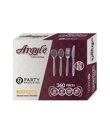 Party Bargains Disposable Cutlery set Color: Clear Argyle, Count: 360 Pieces: 70 Soup Spoon, 70 Teaspoons, 160 Forks, 60 Knives. For Celebrations, Dinner Party, Takeout Food,BBQ, Birthdays, Camping Argyle Clear Soup Spoon 360 Pieces