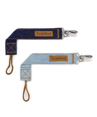 BooginHead Luxe Pacifier Holder Baby Pacifier Clips 2-Pack Cotton Denim Blue Blue Jean Baby