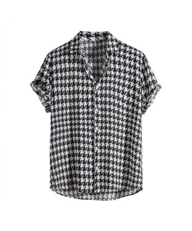 Aayomet Shirts for Men Men's Spring Summer Fashion Houndstooth Pattern Turn Down Collar Casual Tee Shirts A1 Black XX-Large