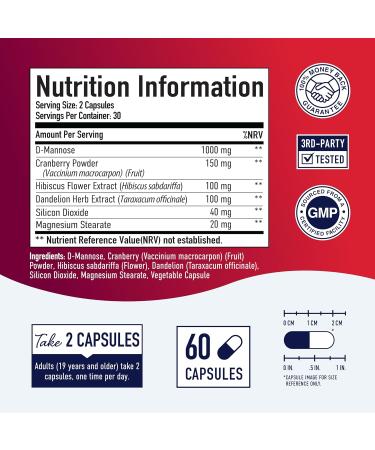 D-Mannose Capsules 1000mg with Cranberry, Dandelion & Hibiscus - Urinary Tract Support - 60 Veggie Pills - Gluten-Free - Buy Online on GoSupps.com