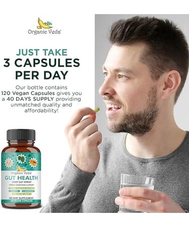 Organic Veda Gut Health Supplement - Leaky Gut Repair Capsules with Papaya Digestive Enzymes Prebiotics L-Glutamine Turmeric - Support Bowel Movement & Cleanse Colon - 120 Count - Buy Online on GoSupps.com