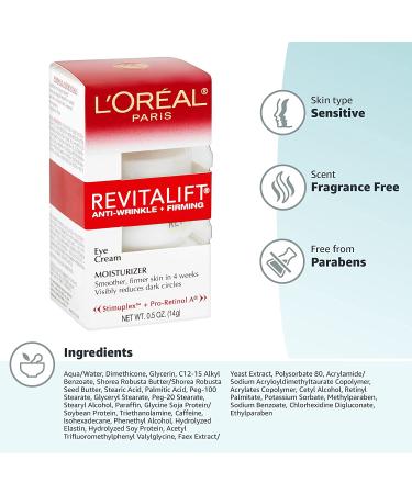 L'Oreal Paris Revitalift Anti-Wrinkle & Firming Eye Cream with Pro Retinol - Dark Circle Treatment, Fragrance-Free - 0.5 oz - Buy Online on GoSupps.com