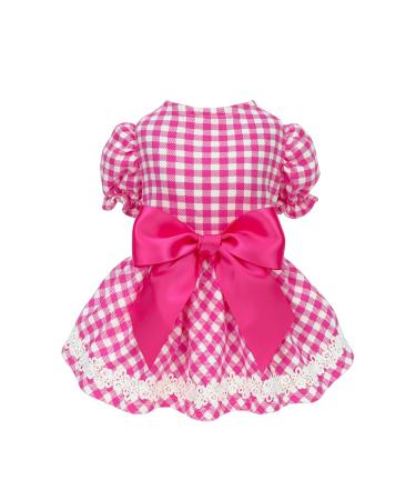 Fitwarm Gingham Dog Dress with Puff Sleeve, Plaid Summer Dog Clothes for Small Dogs Girl, Pet Cat Outfit, Hot Pink, Size XXS XX-Small Pink