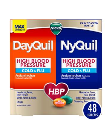 VICKS DayQuil & NyQuil High Blood Pressure Cold & Flu Relief Liquicap 48ct Co-Pack Powerful Multi Symptom Daytime & Nighttime Medicine for Cold Cough and Flu Symptoms 24ct DayQuil 24ct NyQuil